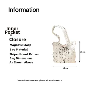 Detailed view of heart pattern tote bag with bow tie and 36x35cm size specifications