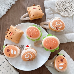 Cute Cartoon Food Plush Hair Clip And Pendant Hamburger Sandwich Swiss Roll Bread Plushie Ornament For Kids Girls Daily Jewelry