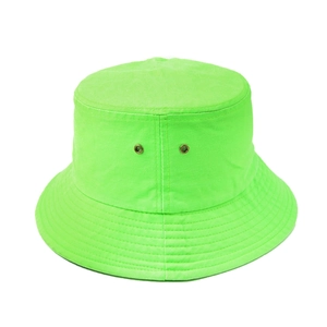 Detail of neon green bucket hat featuring reinforced stitching and metal side eyelets
