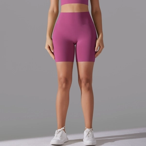 Detail of high waist seamless rose red yoga shorts with high-elastic compression fabric