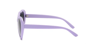Side profile of lavender heart-shaped sunglasses with dark lenses on white background