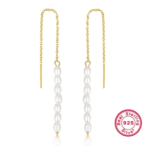 Elegant S925 sterling silver long tassel earrings with white pearls in golden finish