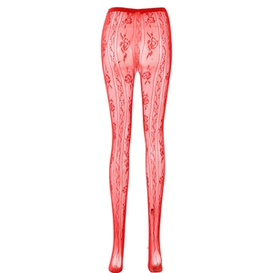 Gros plan détaillé du motif en dentelle rouge sur legging avec tissu mesh respirant