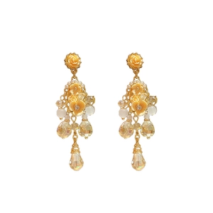 Elegant vintage floral drop earrings with pearls and faceted crystals on hypoallergenic silver needles