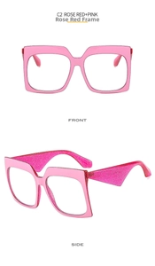 Detailed front and side view of oversized pink butterfly frame glasses with rose red glitter