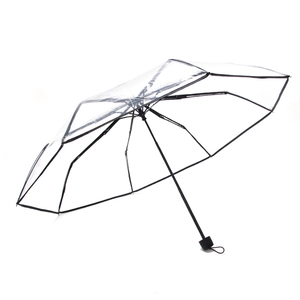 Three-fold fully automatic transparent umbrella with black metal frame and edge trim