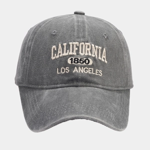 Close-up of vintage washed grey cotton baseball cap with detailed California embroidery