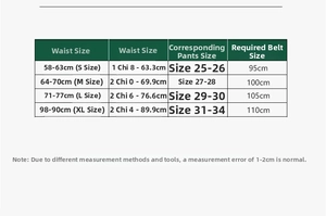 Size chart showing waist measurements and belt lengths for thin pin buckle belts