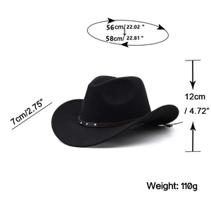 Classic black wool fedora cowboy hat with turquoise beads and brown braided leather band