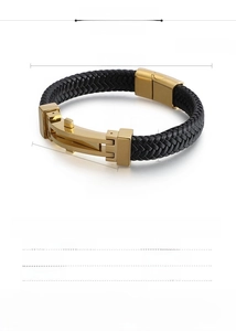 Detail view of leather men's bracelet with 316L stainless steel clasp and size dimensions