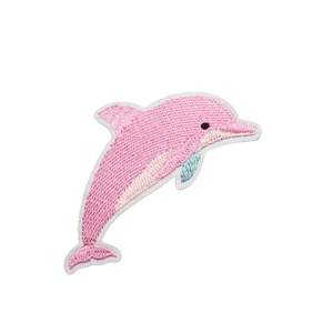 Pink embroidered dolphin patch with detailed ocean animal design for iron on apparel