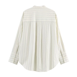 Classic striped long sleeve shirt with mandarin collar and curved hem in ivory and navy blue