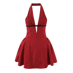 Polka Dot Halter Neck Mini Dress Polyester Deep V Neck Sleeveless Pleated High Waist Vintage Sexy Women Party Fashion