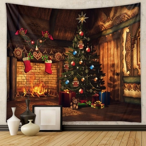 Detail view of Bohemian Christmas tapestry featuring festive fireplace and holiday tree