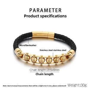 Detail view of woven leather bracelet with six-character mantra beads and magnetic clasp