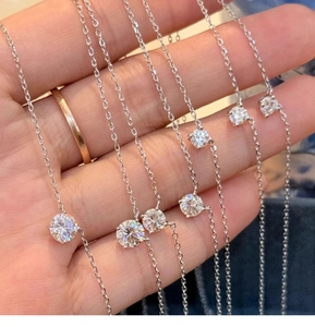 Close-up of sparkling round zircon pendant necklaces with elegant silver chains
