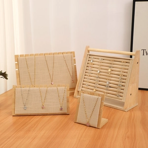 Jewelry Display Stand Bamboo Wood And Linen Burlap Necklace Holder Ring Organizer Bracelet Watch Rack Minimalist
