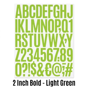 Detail of 2-inch light green alphabet and number sticker set in bold font style