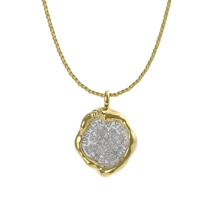 Detailed close-up of retro 18k gold plated necklace with a vintage Six Pence 1967 coin pendant