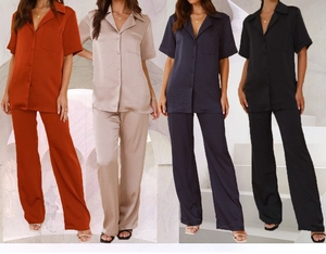Women's silk satin pajama sets in caramel, champagne, navy, and black color options