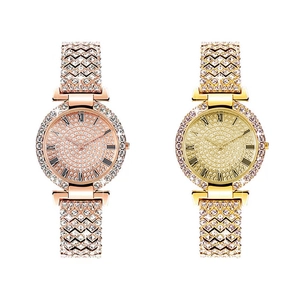 Luxurious women's quartz watches with Roman numerals and full crystal stones in gold