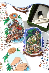 Detailed view of 2.5D miniature scenery stickers with creative treehouse and bottle designs