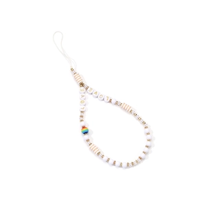 Detail view of handmade beaded phone strap with white acrylic beads and gold LOVE letters
