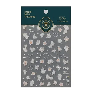 3D embossed nail stickers TL-037 with white floral heart and pearl designs