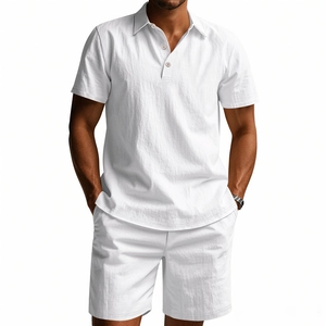 Detail of white cotton linen polo shirt and shorts set with breathable textured fabric
