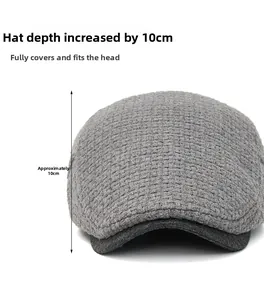 Detail of dark grey textured newsboy cap showing the deepened 10cm crown and knit fabric