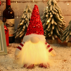 Lighted Christmas gnome doll with red sequin hat and LED lights for festive decor