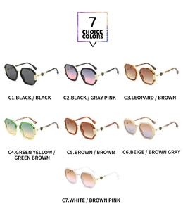 Detailed catalog showing seven color options of geometric hexagonal sunglasses in multi-view