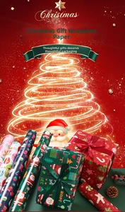 Detailed view of assorted Christmas wrapping paper with Santa Claus and snowflake patterns