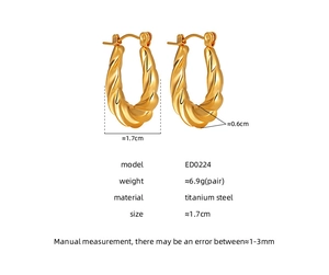 Detail of gold-plated titanium steel twist hoop earrings with model ED0224 and size markings