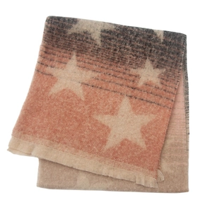 Detail of soft jacquard scarf with star pattern and orange to gray gradient fringe