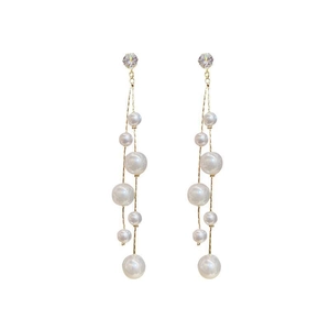 Elegant long gold chain tassel earrings with white pearls and sparkling cubic zirconia studs