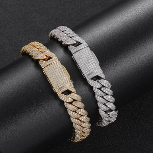 Hip hop 10mm double row zircon gold and silver bubble Cuban bracelets on black leather