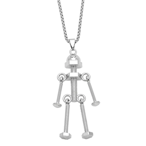 Pendentif robot style hip hop en argent avec détails de vis et chaîne à mailles carrées