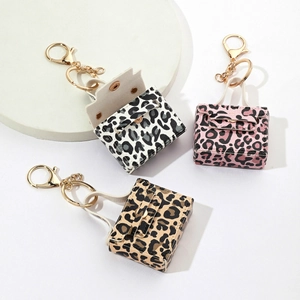 Mini Handbag Shape Keychain PU Leather Leopard Print Gold Buckle Bag Charm For Car Keys Purse Decoration Women