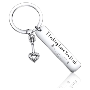 Funny stainless steel keychain with I Fucking Love You Bitch engraving and cupid heart arrow