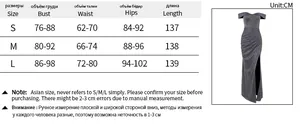 Detailed size guide table for off-shoulder evening dress with measurements in cm