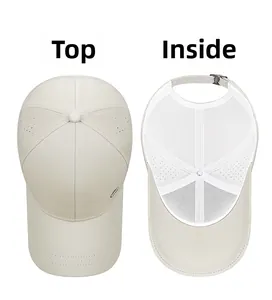 Top and interior view of breathable mesh baseball cap with laser-cut ventilation holes