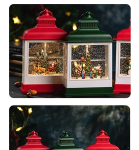 Detail showing vintage Christmas lantern with Santa Claus and reindeer miniature scene
