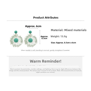 Detail view of light green hand-woven floral fan earrings with size and weight info
