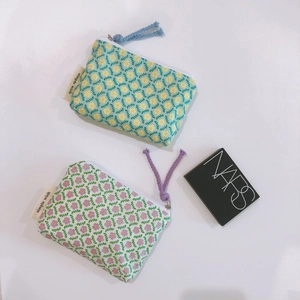 Floral cotton mini storage pouch for coins and earphones in green and white colors