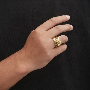 Mens gold chunky chain link ring in polished stainless steel worn on hand