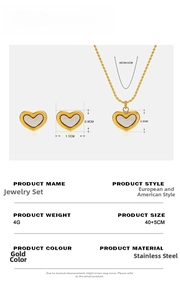 Detailed size specifications for the gold heart pendant necklace and earring set