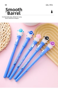 Detailed set of five blue astronaut pens with colorful space-themed toppers on pink background
