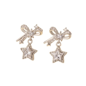 Silver bow and star drop earrings in titanium steel with sparkling clear zircons