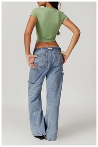 Detailed back view of a slim fit grass green sports t-shirt with a cropped cut design